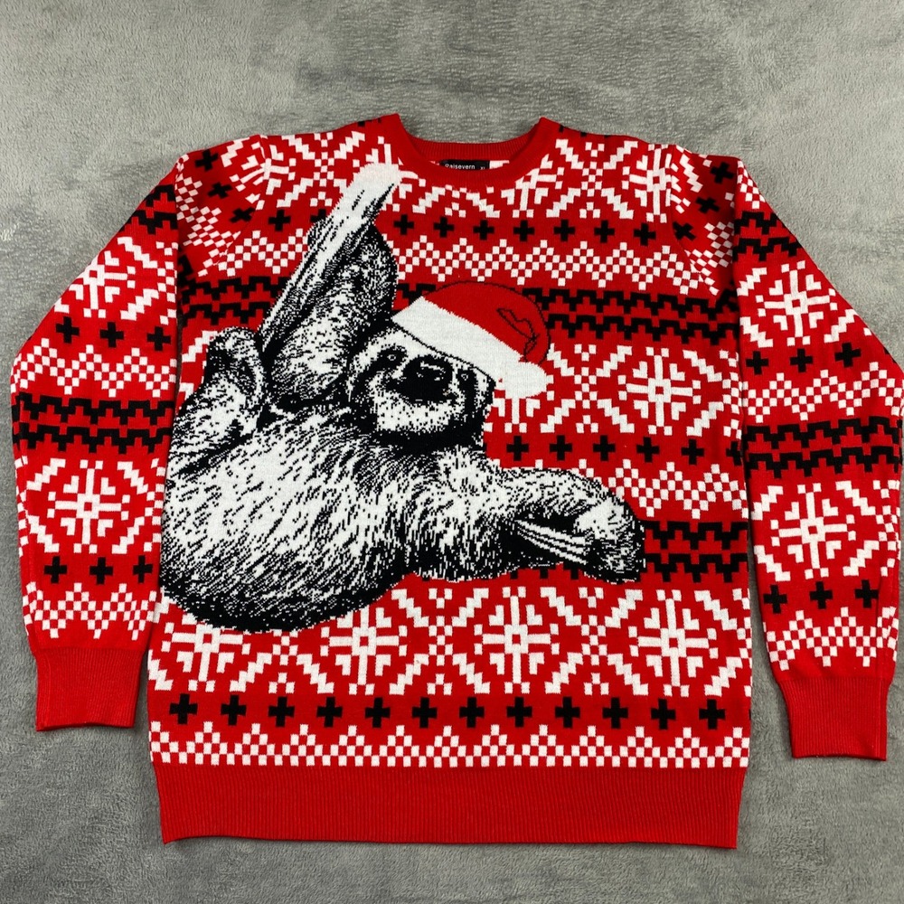 Raisevern Ugly Christmas Sweater Sloth Santa‎ Hat Holiday Fair Isle Red XL